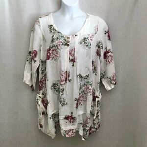 100% Lin Blanc Tunic White Floral Artsy Tunic  Women's 16 Italy 50